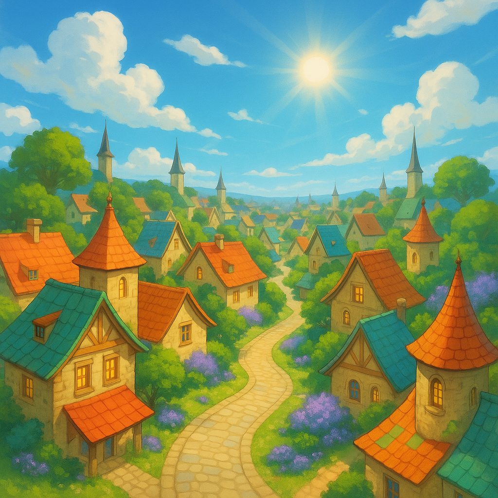 A vibrant fantasy village under a sunny sky.